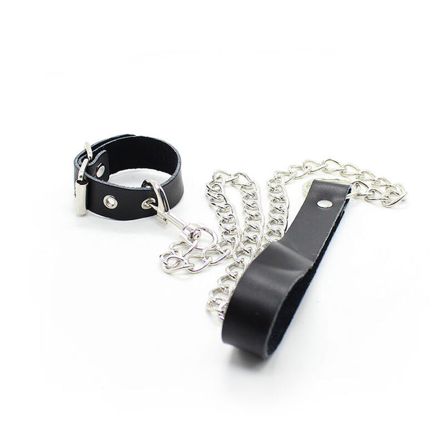 OHMAMA FETISH - COLLIER PÉNIS ET BRACELET EN CUIR AVEC CHAÎNE MÉTALLIQUE by OHMAMA FETISH