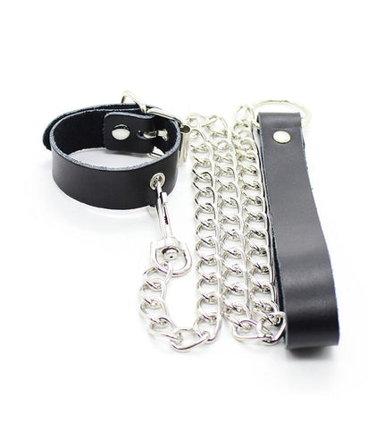 OHMAMA FETISH - COLLIER PÉNIS ET BRACELET EN CUIR AVEC CHAÎNE MÉTALLIQUE by OHMAMA FETISH