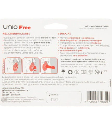 UNIQ - FREE PRÉSERVATIFS SANS LATEX AVEC ANNEAU DE PROTECTION 3 UNITÉS - Concombre Boutique