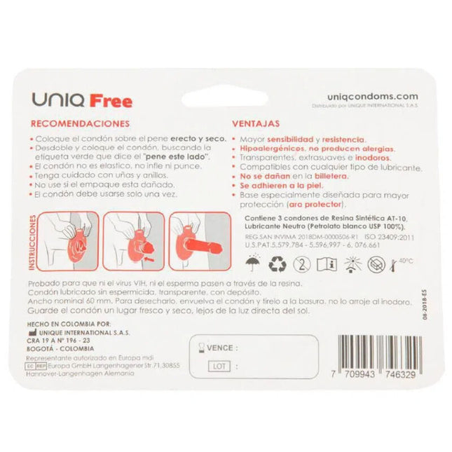 UNIQ - FREE PRÉSERVATIFS SANS LATEX AVEC ANNEAU DE PROTECTION 3 UNITÉS - Concombre Boutique