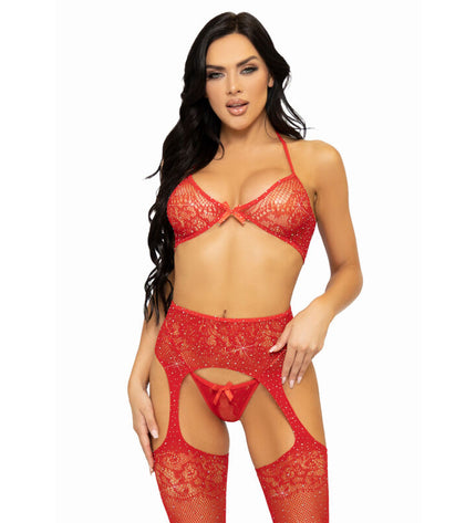 LEG AVENUE - ENSEMBLE TROIS PIÈCES SOUTIEN-GORGE, STRING ET BAS TAILLE UNIQUE - NOIR by LEG AVENUE SETS