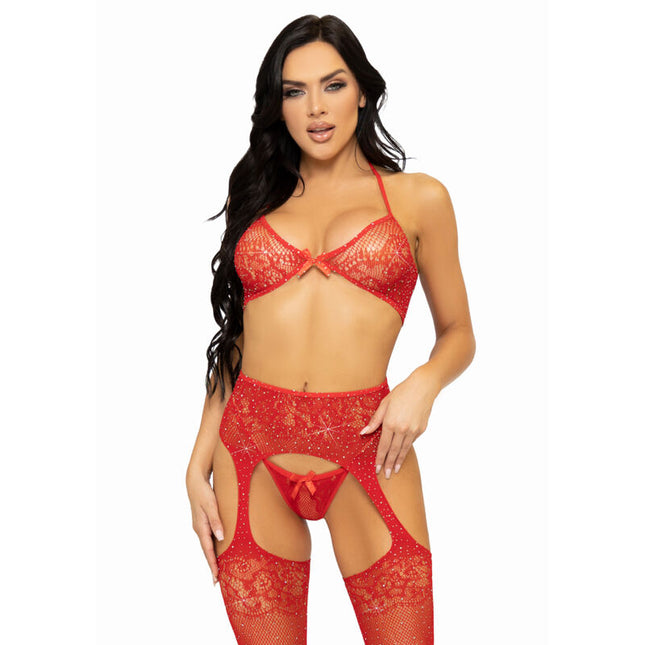 LEG AVENUE - ENSEMBLE TROIS PIÈCES SOUTIEN-GORGE, STRING ET BAS TAILLE UNIQUE - NOIR by LEG AVENUE SETS