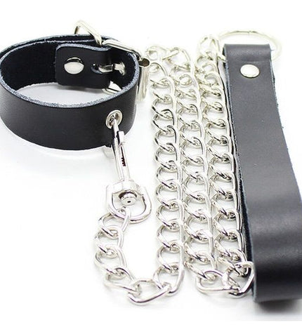 OHMAMA FETISH - COLLIER PÉNIS ET BRACELET EN CUIR AVEC CHAÎNE MÉTALLIQUE by OHMAMA FETISH