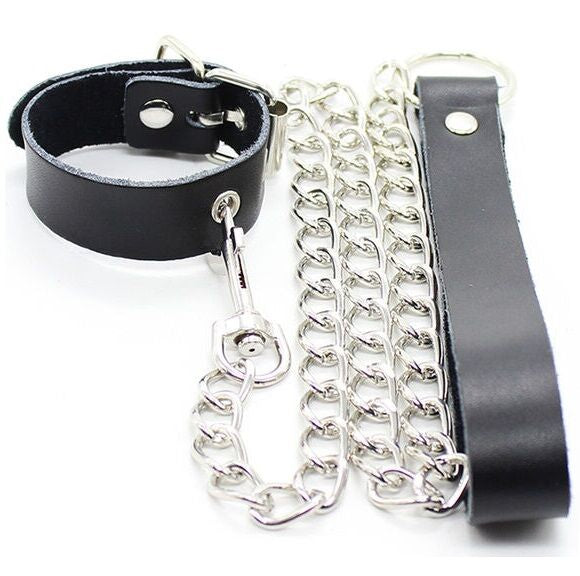 OHMAMA FETISH - COLLIER PÉNIS ET BRACELET EN CUIR AVEC CHAÎNE MÉTALLIQUE by OHMAMA FETISH