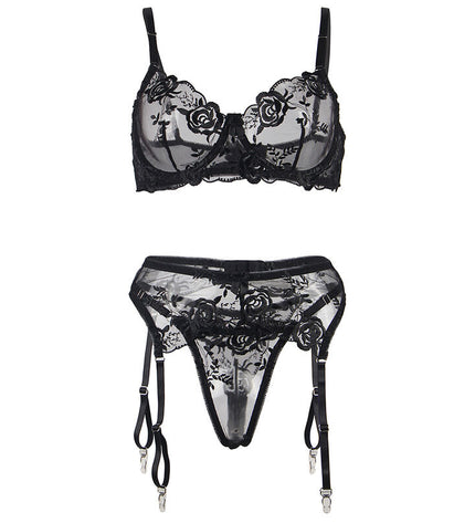 SUBBLIME - ENSEMBLE 3 PIÈCES SOUTIEN-GORGE + STRING + JARRETIÈRE IMPRIMÉ FLORAL NOIR S/M by SUBBLIME SETS