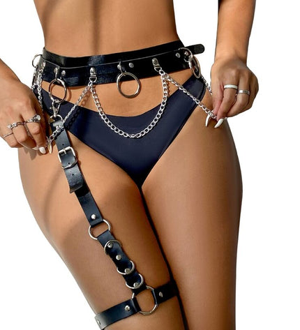 SUBBLIME - HARNAIS CEINTURE ET JARRETIÈRES AVEC ANNEAUX ET CHAÎNE DÉTAIL TAILLE UNIQUE by SUBBLIME FETISH