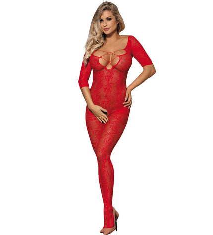SUBBLIME - 951825 BODYSTOCKING RÉSILLE SANS FOURCHE MOTIF ROSES ROUGES XS/M by SUBBLIME BODYSTOCKINGS