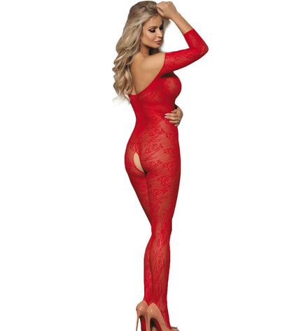SUBBLIME - 951825 BODYSTOCKING RÉSILLE SANS FOURCHE MOTIF ROSES ROUGES XS/M by SUBBLIME BODYSTOCKINGS