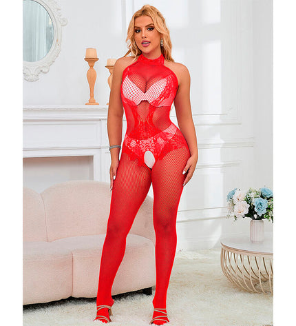 SUBBLIME - 952372 BODYSTOCKING RÉSILLE ET DENTELLE SANS FOURRURE COL MONTANT ROUGE TAILLE UNIQUE by SUBBLIME BODYSTOCKINGS