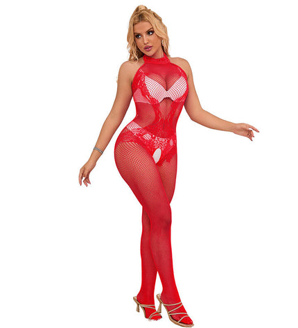 SUBBLIME - 952372 BODYSTOCKING RÉSILLE ET DENTELLE SANS FOURRURE COL MONTANT ROUGE TAILLE UNIQUE by SUBBLIME BODYSTOCKINGS