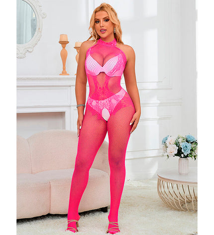 SUBBLIME - 952389 BODYSTOCKING RÉSILLE ET DENTELLE SANS FOURRURE AVEC COL MONTANT ROSE TAILLE UNIQUE by SUBBLIME BODYSTOCKINGS