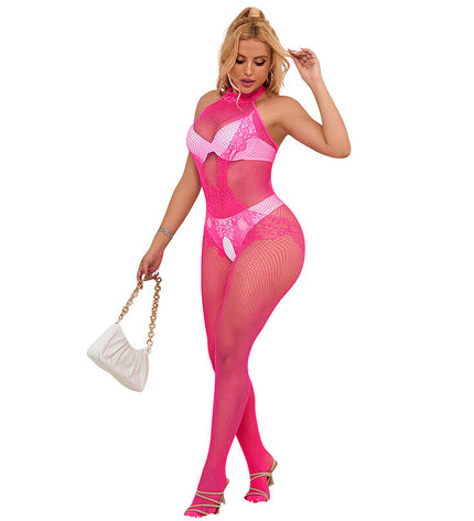SUBBLIME - 952389 BODYSTOCKING RÉSILLE ET DENTELLE SANS FOURRURE AVEC COL MONTANT ROSE TAILLE UNIQUE by SUBBLIME BODYSTOCKINGS