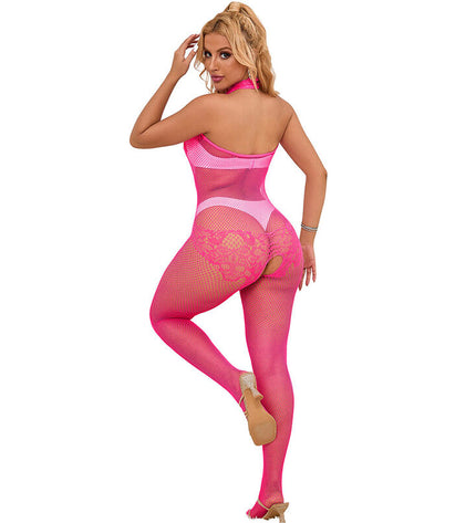 SUBBLIME - 952389 BODYSTOCKING RÉSILLE ET DENTELLE SANS FOURRURE AVEC COL MONTANT ROSE TAILLE UNIQUE by SUBBLIME BODYSTOCKINGS