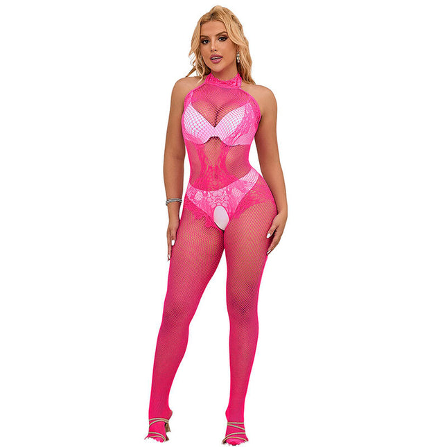 SUBBLIME - 952389 BODYSTOCKING RÉSILLE ET DENTELLE SANS FOURRURE AVEC COL MONTANT ROSE TAILLE UNIQUE by SUBBLIME BODYSTOCKINGS