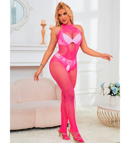 SUBBLIME - 952389 BODYSTOCKING RÉSILLE ET DENTELLE SANS FOURRURE AVEC COL MONTANT ROSE TAILLE UNIQUE by SUBBLIME BODYSTOCKINGS