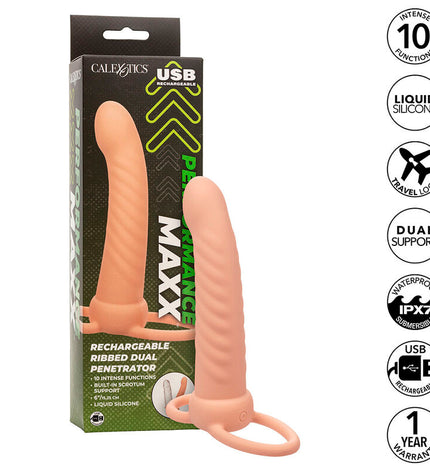 CALEXOTICS - MAXX DOUBLE PÉNÉTRATEUR NERVURÉ 10 VIBRATIONS FLESH by CALEXOTICS