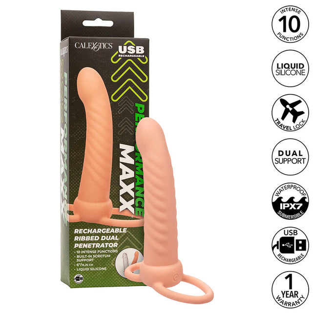 CALEXOTICS - MAXX DOUBLE PÉNÉTRATEUR NERVURÉ 10 VIBRATIONS FLESH by CALEXOTICS
