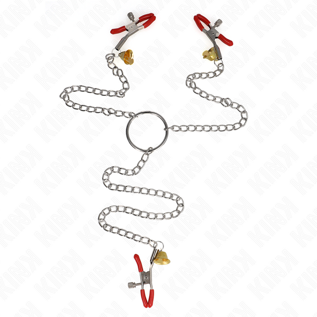 KINK - PINCES À TAMELON ET CLITO BELL TRIPLE ROUGE AVEC CHAINE 30 CM by KINK NIPPLE GRIP