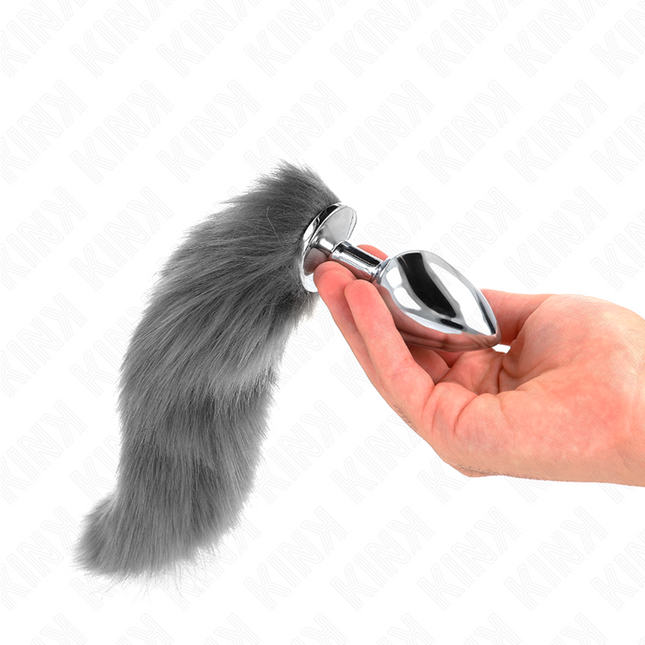 KINK - PLUG ANAL TAILLE L 10 X 4 CM AVEC QUEUE SYNTHÉTIQUE 40 CM GRIS ET BLANC by KINK PLEASURE PLUGS