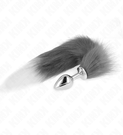 KINK - PLUG ANAL TAILLE M 8 X 3,5 CM AVEC QUEUE SYNTHÉTIQUE 40 CM GRIS ET BLANC by KINK PLEASURE PLUGS