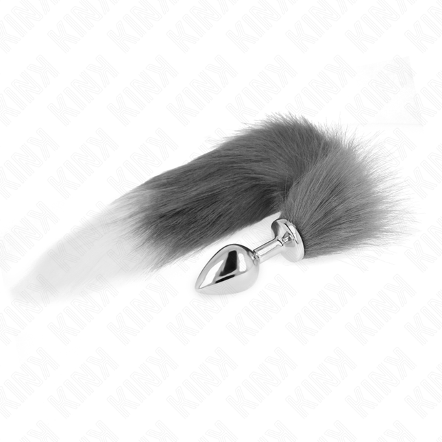 KINK - PLUG ANAL TAILLE M 8 X 3,5 CM AVEC QUEUE SYNTHÉTIQUE 40 CM GRIS ET BLANC by KINK PLEASURE PLUGS