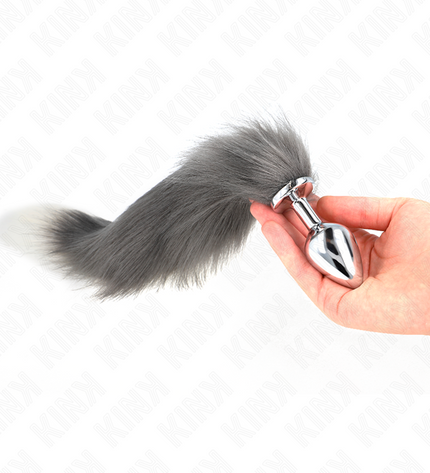 KINK - PLUG ANAL TAILLE M 8 X 3,5 CM AVEC QUEUE SYNTHÉTIQUE 40 CM GRIS ET BLANC by KINK PLEASURE PLUGS