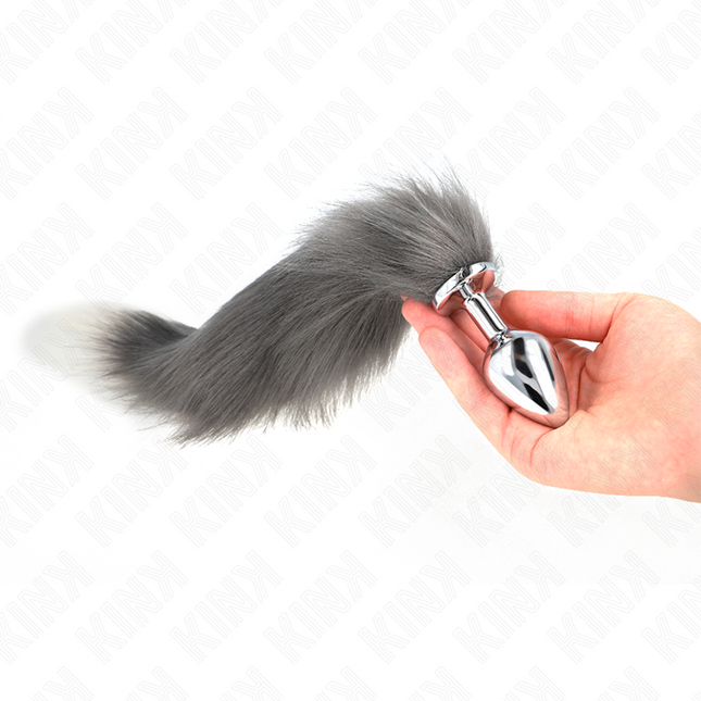 KINK - PLUG ANAL TAILLE M 8 X 3,5 CM AVEC QUEUE SYNTHÉTIQUE 40 CM GRIS ET BLANC by KINK PLEASURE PLUGS