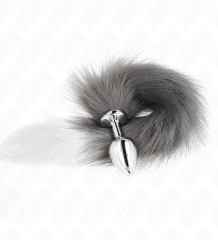 KINK - PLUG ANAL TAILLE M 8 X 3,5 CM AVEC QUEUE SYNTHÉTIQUE 40 CM GRIS ET BLANC by KINK PLEASURE PLUGS