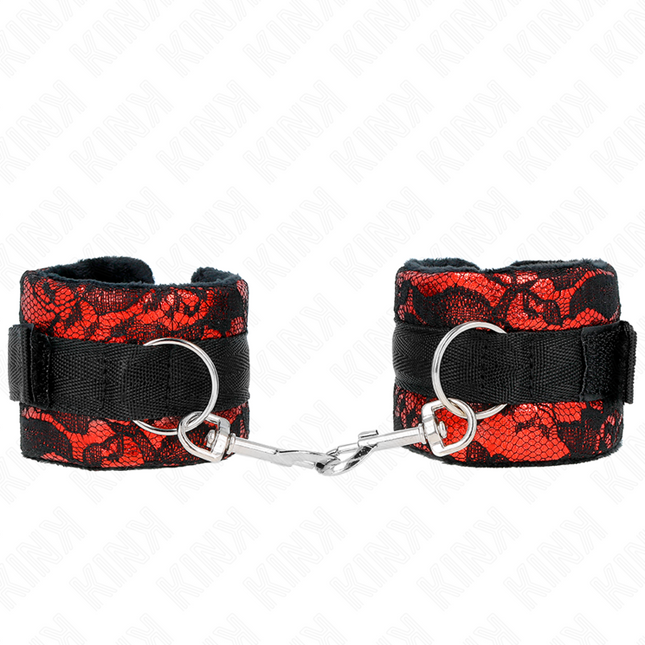 KINK - ATTENTES-POIGNETS COURTES EN DENTELLE DE VELOURS ET RELIURE EN NYLON ROUGE / NOIR 23 X 6,5 CM by KINK WRIST RESTRAINT