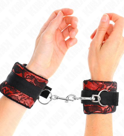 KINK - ATTENTES-POIGNETS COURTES EN DENTELLE DE VELOURS ET RELIURE EN NYLON ROUGE / NOIR 23 X 6,5 CM by KINK WRIST RESTRAINT