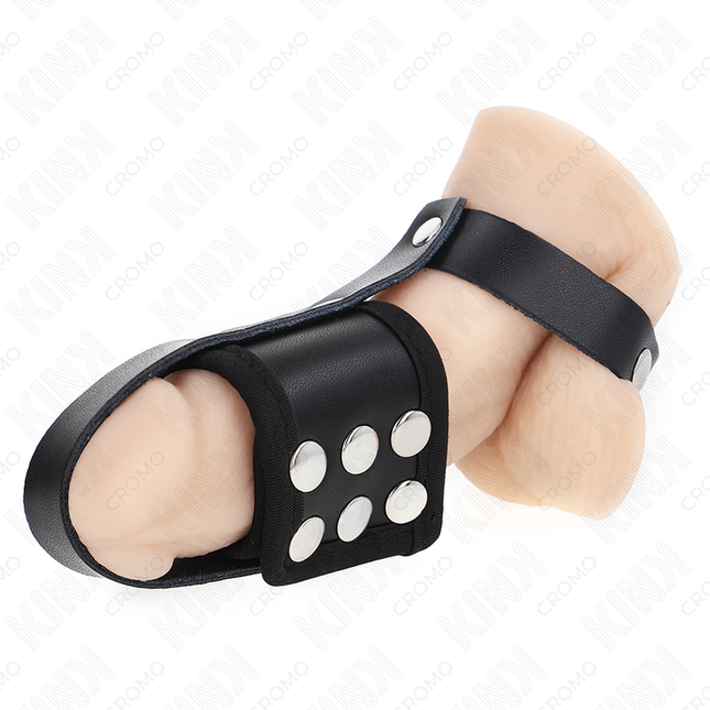 KINK - ANNEAU DE CAGE À PÉNIS EN CUIR AVEC SANGLE RÉGLABLE DE SÉPARATION DES BALLES REVÊTUEUSE by KINK RING POWER