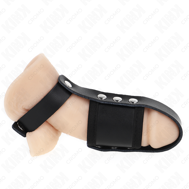 KINK - ANNEAU DE CAGE À PÉNIS EN CUIR AVEC SANGLE RÉGLABLE DE SÉPARATION DES BALLES REVÊTUEUSE by KINK RING POWER