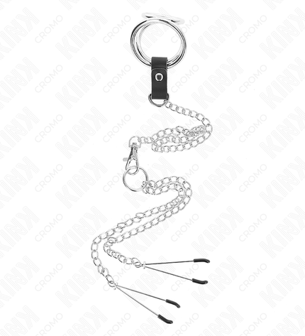KINK - ANNEAU PÉNIS EN MÉTAL TRIPLE CHROME 3 CM À 4,5 CM AVEC CHAÎNE EN MÉTAL DE 26 CM ET PINCES À TÉTONS by KINK RING POWER