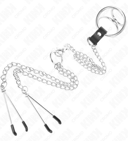 KINK - ANNEAU PÉNIS EN MÉTAL TRIPLE CHROME 3 CM À 4,5 CM AVEC CHAÎNE EN MÉTAL DE 26 CM ET PINCES À TÉTONS by KINK RING POWER