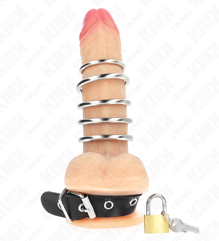 KINK - ANNEAU PÉNIS EN CUIR AVEC SANGLE DE VERROUILLAGE 21 X 2 CM ET 5 ANNEAUX MÉTALLIQUES DE 3 CM À 4 CM by KINK RING POWER