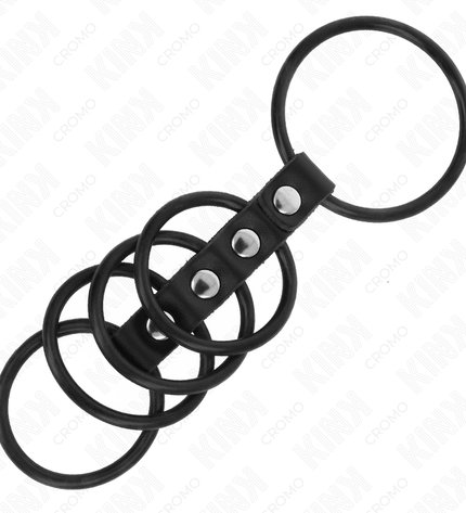 KINK - 5 ANNEAUX PÉNIS EN SILICONE DE 3,8 CM À 4,8 CM CONNECTÉS PAR DU CUIR by KINK RING POWER