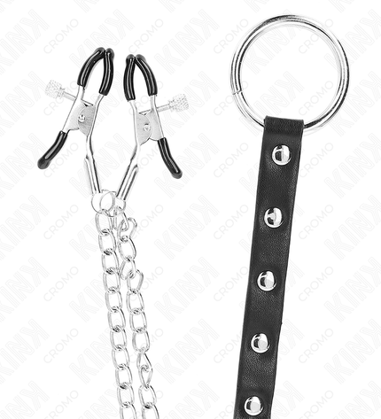 KINK - ANNEAU PÉNIS EN MÉTAL AVEC CHAÎNE ET PINCES À MAMELON RÉGLABLES by KINK RING POWER