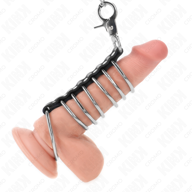 KINK - 7 ANNEAUX PÉNIS EN MÉTAL DE 3,8 CM À 5 CM CONNECTÉS AVEC DU CUIR ET UNE CHAÎNE EN MÉTAL 100 CM by KINK RING POWER