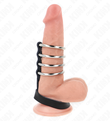 KINK - 4 ANNEAUX PÉNIS EN MÉTAL 3,8 CM CONNECTÉS AVEC SANGLE EN CUIR 22 X 1,5 CM ET FERMETURE À PRESSION by KINK RING POWER