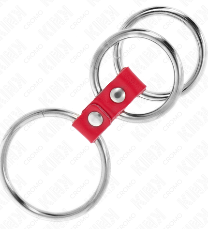 KINK - ANNEAU PÉNIS TRIPLE MÉTAL 3,7 CM À 5 CM CONNECTÉ AVEC DU CUIR ROUGE by KINK RING POWER