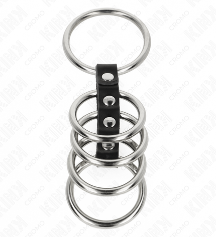 KINK - 5 ANNEAUX PÉNIS DE 3,7 CM À 5 CM EN MÉTAL RELIES PAR DU CUIR by KINK RING POWER