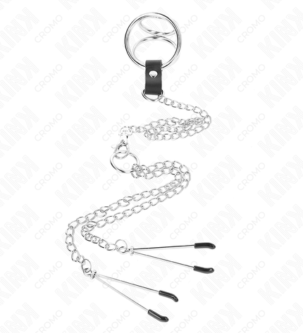KINK - ANNEAU PÉNIS EN MÉTAL TRIPLE CHROME 3,8 CM À 5 CM AVEC CHAÎNE EN MÉTAL DE 26 CM ET PINCES À TÉTONS MODÈLE 2 by KINK RING POWER