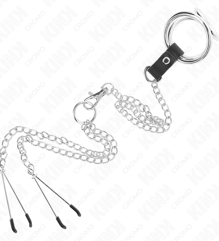 KINK - ANNEAU PÉNIS EN MÉTAL TRIPLE CHROME 3,8 CM À 5 CM AVEC CHAÎNE EN MÉTAL DE 26 CM ET PINCES À TÉTONS MODÈLE 2 by KINK RING POWER
