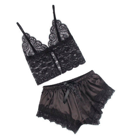 SUBBLIME - 953942 CHEMISE DE NUIT DÉCONTRACTÉE EN SOIE + PANTALON EN DENTELLE NOIR L/XL by SUBBLIME SETS