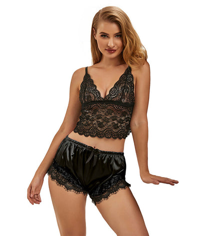 SUBBLIME - 953942 CHEMISE DE NUIT DÉCONTRACTÉE EN SOIE + PANTALON EN DENTELLE NOIR L/XL by SUBBLIME SETS