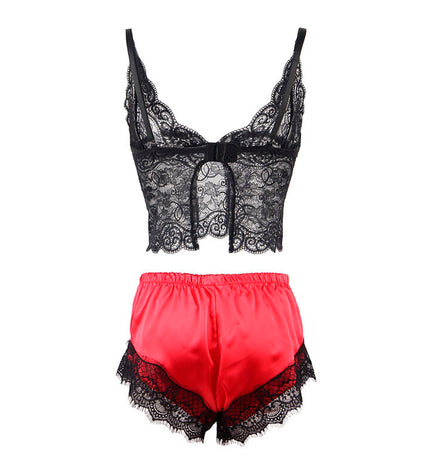 SUBBLIME - 953959 CHEMISE DE NUIT DÉCONTRACTÉE EN SOIE + PANTALON EN DENTELLE NOIR/ROUGE S/M by SUBBLIME SETS