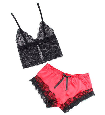 SUBBLIME - 953966 CHEMISE DE NUIT DÉCONTRACTÉE EN SOIE + PANTALON EN DENTELLE NOIR/ROUGE L/XL by SUBBLIME SETS