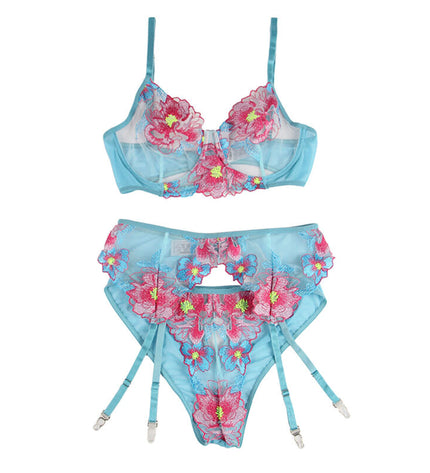 SUBBLIME - 954109 SOUTIEN-GORGE + CULOTTE AVEC PORTE-JARRETELLES MOTIF FLORAL BLEU S/M by SUBBLIME SETS