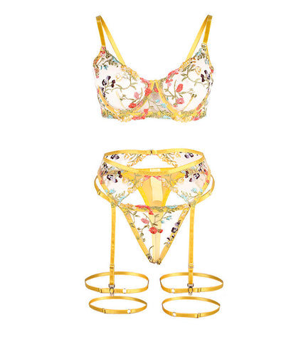 SUBBLIME - 954352 SOUTIEN-GORGE + STRING + PORTE-JARRETELLES MOTIF FLORAL JAUNE L/XL by SUBBLIME SETS
