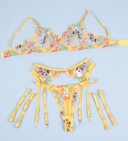 SUBBLIME - 954352 SOUTIEN-GORGE + STRING + PORTE-JARRETELLES MOTIF FLORAL JAUNE L/XL by SUBBLIME SETS